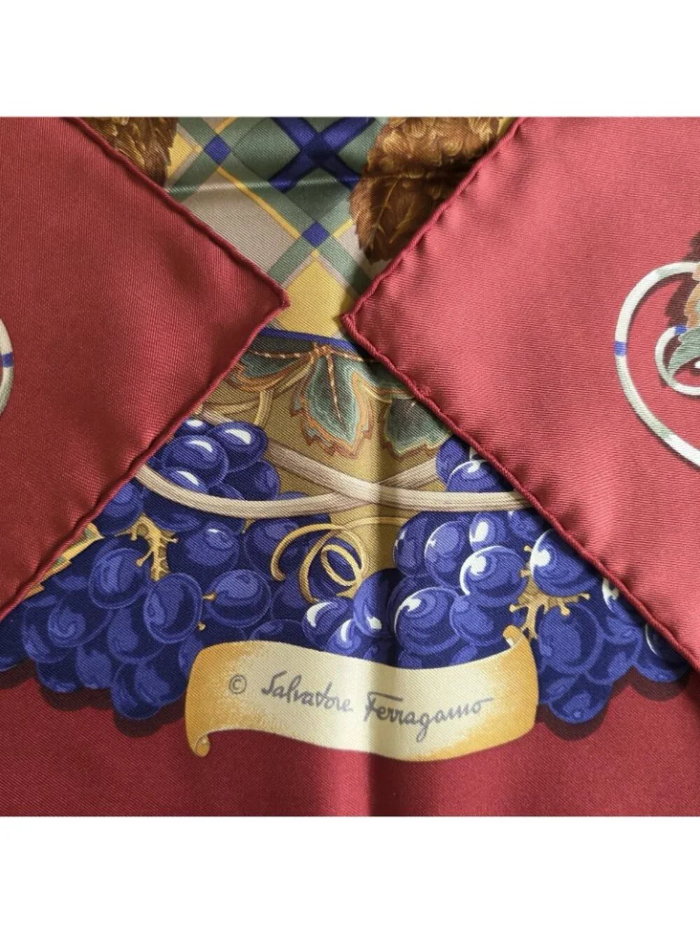 Vtg Salvatore Ferragamo Fox Grape Silk Floral Print Hand Rolled Scarf